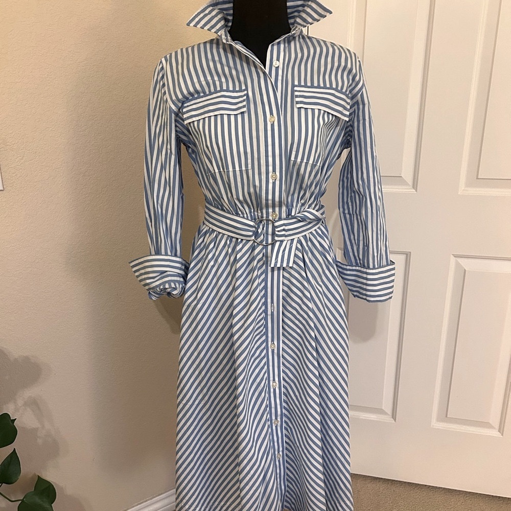 Elegant Blue and White Striped Long Sleeve Dress